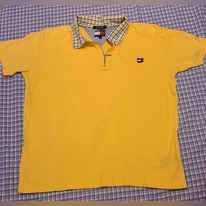 VTG Tommy Hilfiger Women's Yellow Polo Shirt W/Checkered Collar 1/4 Zip Sz M EUC
